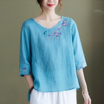 民族風復古刺繡棉麻襯衫女裝短袖v領t恤夏季薄款苧麻小衫亞麻上衣