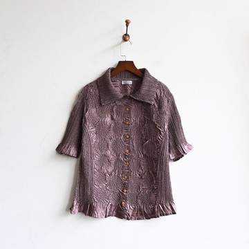 【蛋植物古著】微風時刻壓褶面料短袖古著襯衫