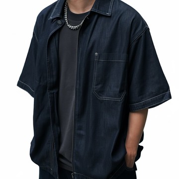 BOHRHOO 719 輕洗水拉鍊牛仔襯衫 短袖外套 XL 深藍