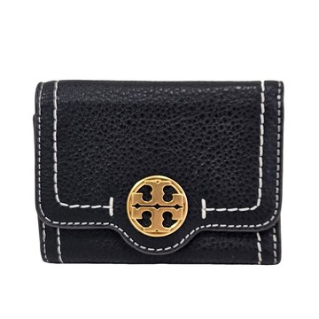 TORY BURCH 雙T-LOGO車縫線皮革短夾(黑色/贈原廠紙袋)