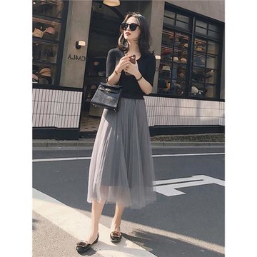 紗裙半身裙中長款2025春夏新款高腰復古百褶網紗裙a字顯瘦長裙女
