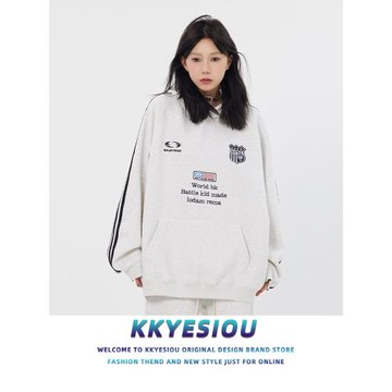 KKyesiou美式復古潮牌刺繡三條杠連帽衛衣男女oversize情侶春外套