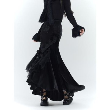 幽靈少女哥特風長裙子黑色絲絨魚尾裙半身裙秋冬裝長款禮服超好看