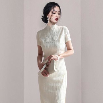 氣質修身長裙夏年輕款改良版旗袍新中式女裝短袖白色連衣裙高級感