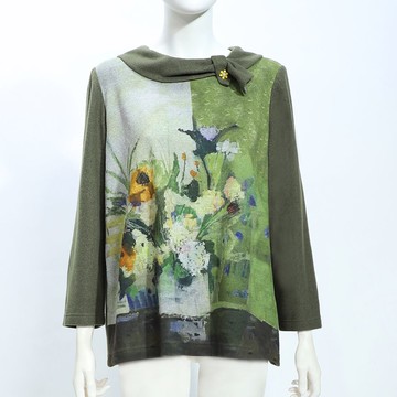 ILEY伊蕾 毛感針織布造型領印花上衣(綠；L-2L)