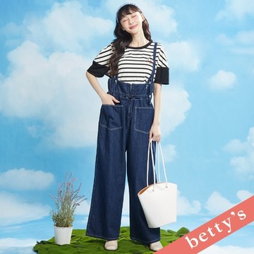 betty’s貝蒂思　高腰抽繩拉鍊吊帶牛仔寬褲(深藍)