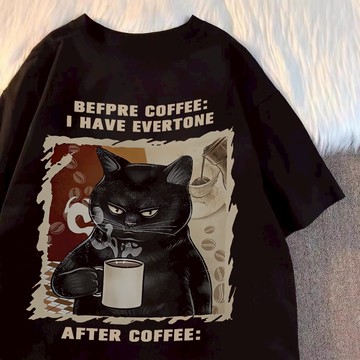 一萬個推薦！短袖T恤 貓咪上衣 黑色上衣  t恤 美式復古 個性上衣  寬鬆上衣 無性別穿搭 夏日穿搭 休閒上衣