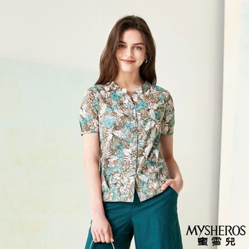 【MYSHEROS 蜜雪兒】滿版葉片印花短袖排釦舒適親膚純棉上衣-綠