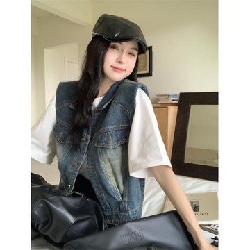 設計感翻領疊穿外套復古牛仔馬甲