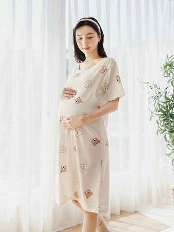 小熊印花哺乳睡衣洋裝(月子服)