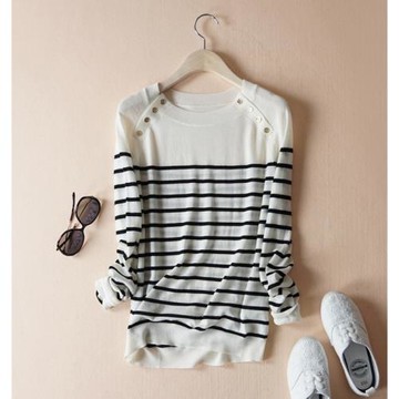 2025春秋新款清爽百搭輕薄膚質感圓領小寬松羊毛條紋針織衫上衣女