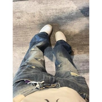 美式牛仔褲 破洞牛仔褲 水洗漸層 復古藍破洞牛仔褲 小眾紮染 微喇褲 喇叭牛仔褲 牛仔褲女 牛仔褲