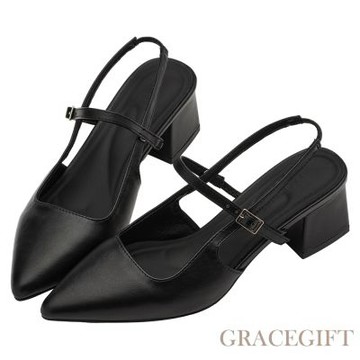 【Grace Gift】韓系尖頭通勤百搭後空低跟鞋 黑