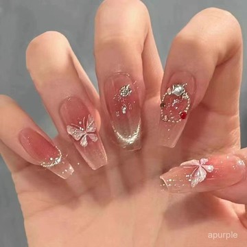 冰晶蝴蝶~貓眼法式腮紅穿戴甲韆金輕奢氣質顯白高級感美甲可拆卸 LTFX