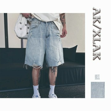 【AK】破壞刷色寬版牛仔短褲 男裝街頭風潮流丹寧五分褲 寬鬆版型夏季破壞感牛仔褲滑板