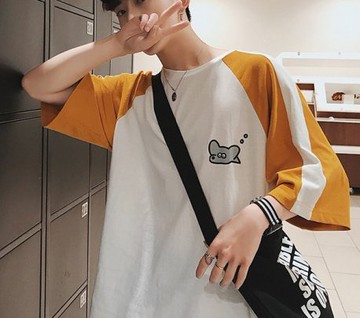 FINDSENSE H1 2018 夏季 新款 卡通印花 拼接撞色  寬鬆 舒適透氣 圓領T恤 短袖 時尚 潮男 上衣