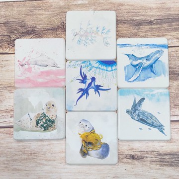 水彩海洋生物 珪藻土/硅藻土 吸水杯墊