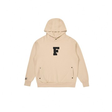 FILA #復古飛馳 中性長袖莫代爾太空棉連帽T恤-卡其 1TEZ-5406-KK