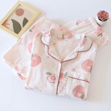 日系睡衣女可愛桃子印花春秋冬季長袖純棉紗布甜美休閑家居服套裝