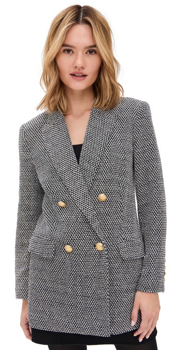 L'AGENCE Riva Knit Double Breasted Blazer Black/Ivory/Gold 12