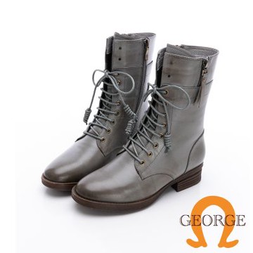 【GEORGE 喬治皮鞋】真皮圓頭低跟綁帶短靴 -灰 532009II90