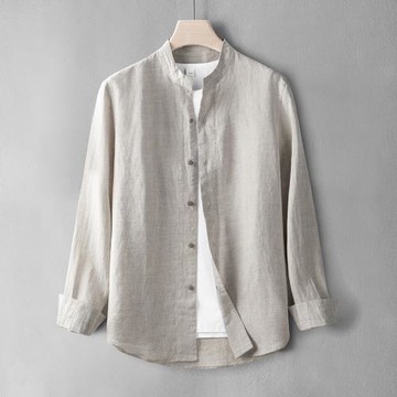 新中式復古男裝長袖中國風亞麻襯衫男士休閑立領薄款棉麻襯衣外套