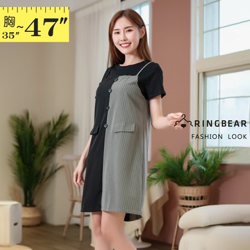 假二件--簡約質感拼接條紋掀蓋裝飾口袋假兩件短袖洋裝(黑L-3L)-D634眼圈熊中大尺碼