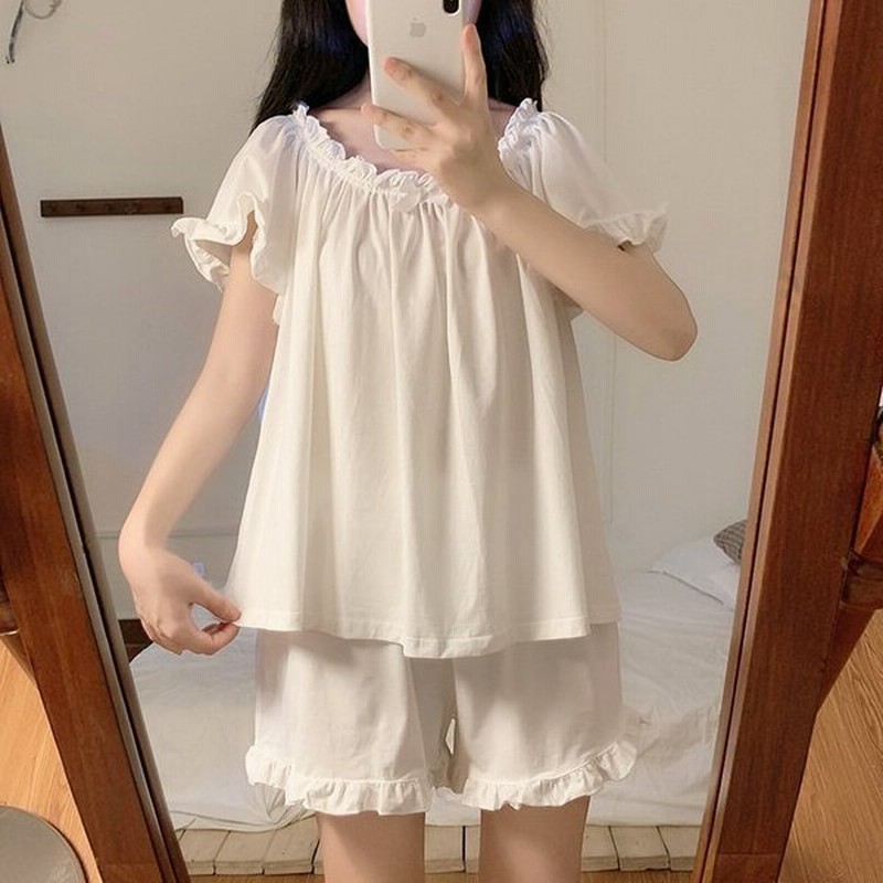 パジャマ ルームウェア レディース 春夏 半袖パジャマ レションルームウェア 白フレア ショット丈パンツ 上下セット 可愛いパジャマ 部屋着 寝間きゆったり 快適 通販 Lineポイント最大0 5 Get Lineショッピング