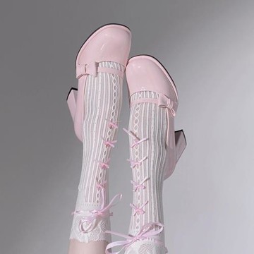 DARLINGAGA甜美公主風蝴蝶結美腿中筒襪女減齡百搭蕾絲拼接小腿襪