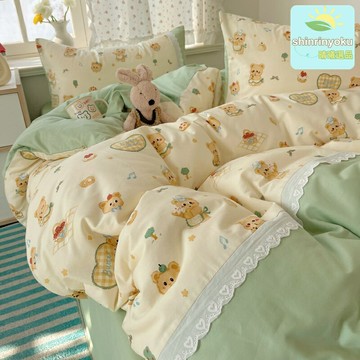 【清新刺繡】純棉四件套 被套床單 全棉床品 花邊拼接 卡通印花 親膚透氣 宿舍婚房通用 少女心臥室必備