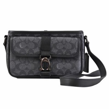 COACH BECK 經典印花皮革中性翻蓋式斜背包(黑灰)