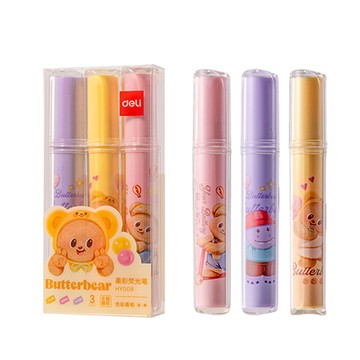 得力Deli butterbear柔彩螢光筆組/HY008/黃紫粉/3色