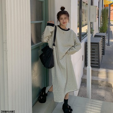 秋冬韓版BF風寬鬆顯瘦大碼加絨加厚過膝長款條紋衛衣裙女