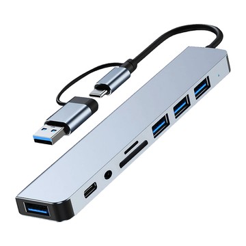 Sily Type-C+USB3.0雙頭8合一多功能擴展塢 HUB轉接器 SD/TF讀卡器 HUB集線器 筆電轉接線/滑鼠連接