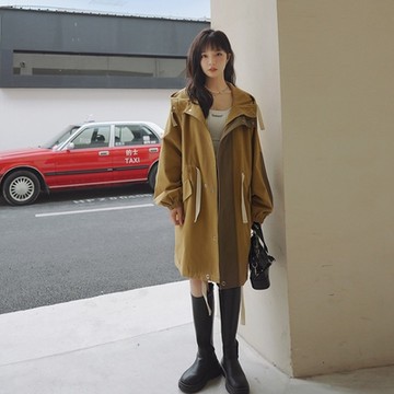 [米蘭精品] 風衣外套連帽大衣-拼色長款百搭休閒女外套74dk7