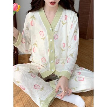 產后孕婦睡衣女春秋哺乳雙層紗布