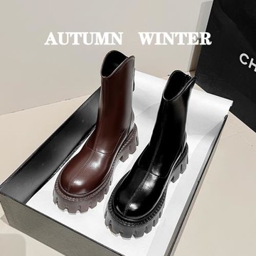 真皮厚底短靴女秋冬2023新款靴子黑色V口切爾西瘦瘦靴粗跟馬丁靴