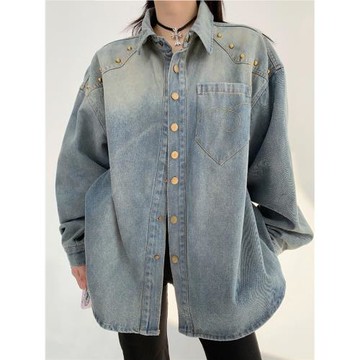 廢柴秋季新款美式小眾做舊鉚釘牛仔長袖襯衫女寬松情侶短款外套潮