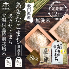 秋田県産無洗米(あきたこまち5kg・大潟村ふると米3kg)セット全12回