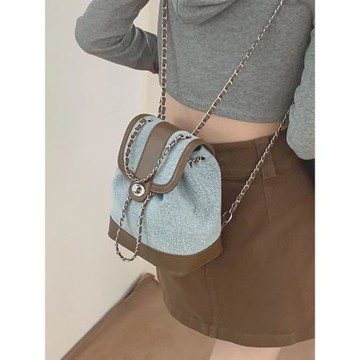 牛仔布雙肩包包女2025新款潮韓國休閑背包小眾博主鏈條單肩水桶包