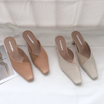 2025春季方頭高跟涼拖外穿包頭半拖鞋拼色粗跟復古女中跟穆勒鞋