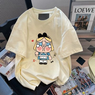 多巴胺穿搭~純棉 短袖上衣女 crybaby 印花 t恤 杏色上衣 哭娃 t恤 蓋屁股上衣 顯瘦上衣 個性上衣 質感衣服