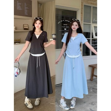 VKJ- 22179  L-4XL 夏裝新款胖mm大碼女韓系休閒撞色拼接短袖T恤+半身裙套裝
