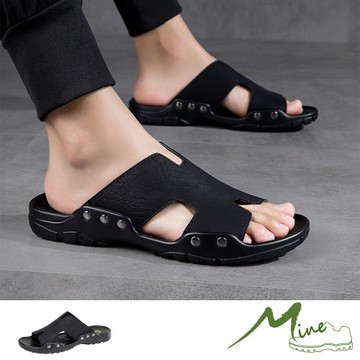 【MINE】拖鞋 沙灘拖鞋/真皮戶外休閒百搭軟底拖鞋 沙灘拖鞋 - 男鞋 黑