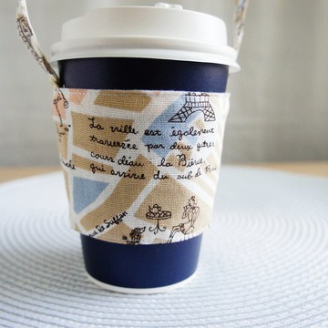 Lovely旅行地圖飲料杯袋、提袋、環保杯套、飲料杯套【米底】E