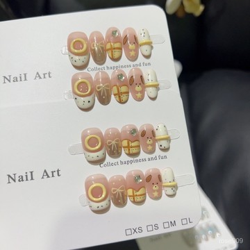 ➕最新設計款穿戴甲💅黃油小狗夏天新款奶呼呼可愛卡通手繪甜甜圈粉嫩少女純手工穿戴甲短方穿戴甲 TEVM