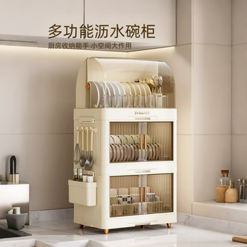 廚房碗碟收納置物架 雙層碗櫃帶蓋防塵大容量碗盤瀝水餐具收納架