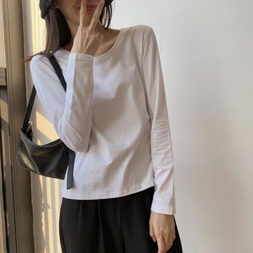 白色圓領純棉打底衫女2024秋冬新款韓版修身內搭上衣長袖T恤女春