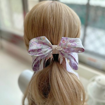 獨家款花卉立體蝴蝶結相交夾香蕉夾仙女夾髮夾-粉紫色