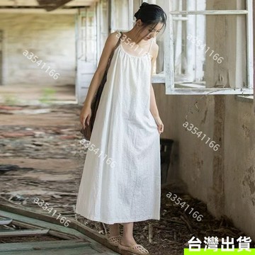 【夏季新款】棉麻褶皺長裙 時尚無袖吊帶連衣裙 氣質淑女 文藝復古風 純色簡約 寬鬆顯瘦 氣質百搭 大尺碼A字連衣裙女